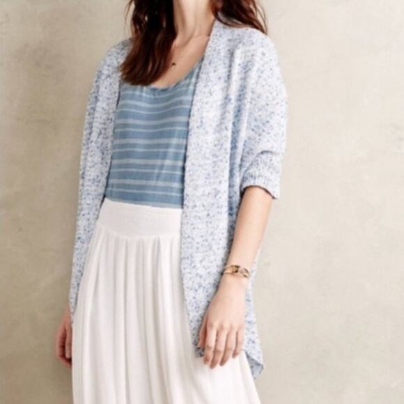 Anthropologie Sweaters - Anthropologie Moth Blue Cotton Linen Blend Marled Open Knit Cocoon Cardigan XS